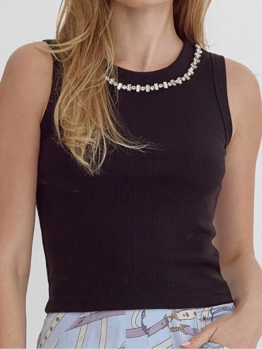 entro Black Sleeveless Ribbed Tank with Embellished Necklace Detail